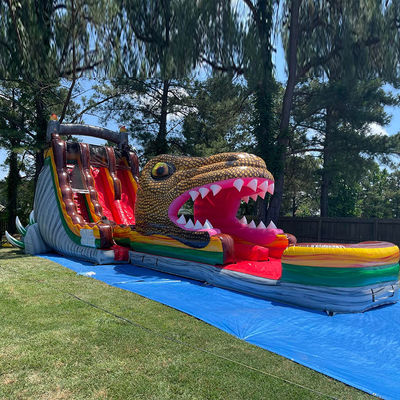 Προσαρμοσμένο PVC φουσκωτό πηδηχτήρα Jurassic Ντινόσαυρος Θέμα υδάτινο διαδρόμιο με πισίνα