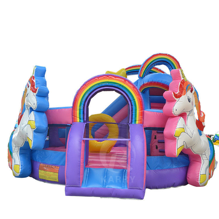 Εξωτερική διασκέδαση Εμπορική 0,55mm PVC Rainbow Unicorn φουσκωτή βουρτσούλα με υγρό ξηρό διαδρόμιο